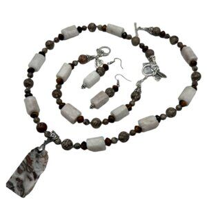 Handmade Jewelry Set - Striped Agate -Moonstone, Tiger Eye, Fossilized Maifanite